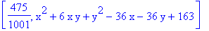 [475/1001, x^2+6*x*y+y^2-36*x-36*y+163]
